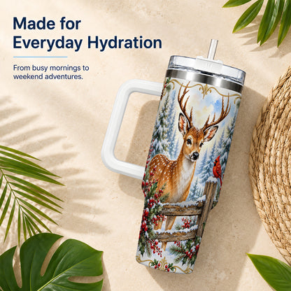Christmas Buck 40oz Tumbler with Handle, Rustic Winter Deer Art