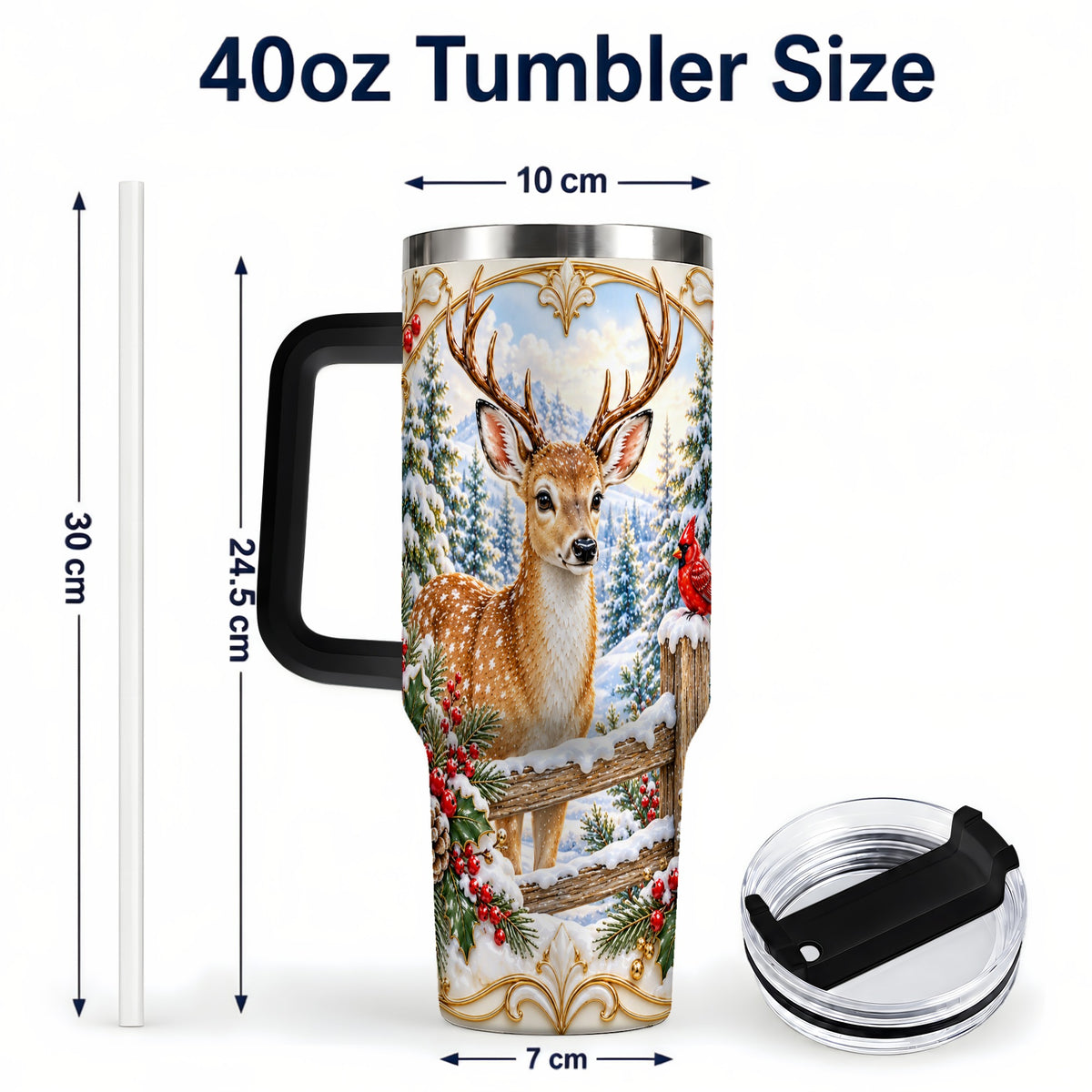 #pl[40oz|Black] Christmas Deer 40oz Tumbler with Handle, Ornate Gold Woodland Art