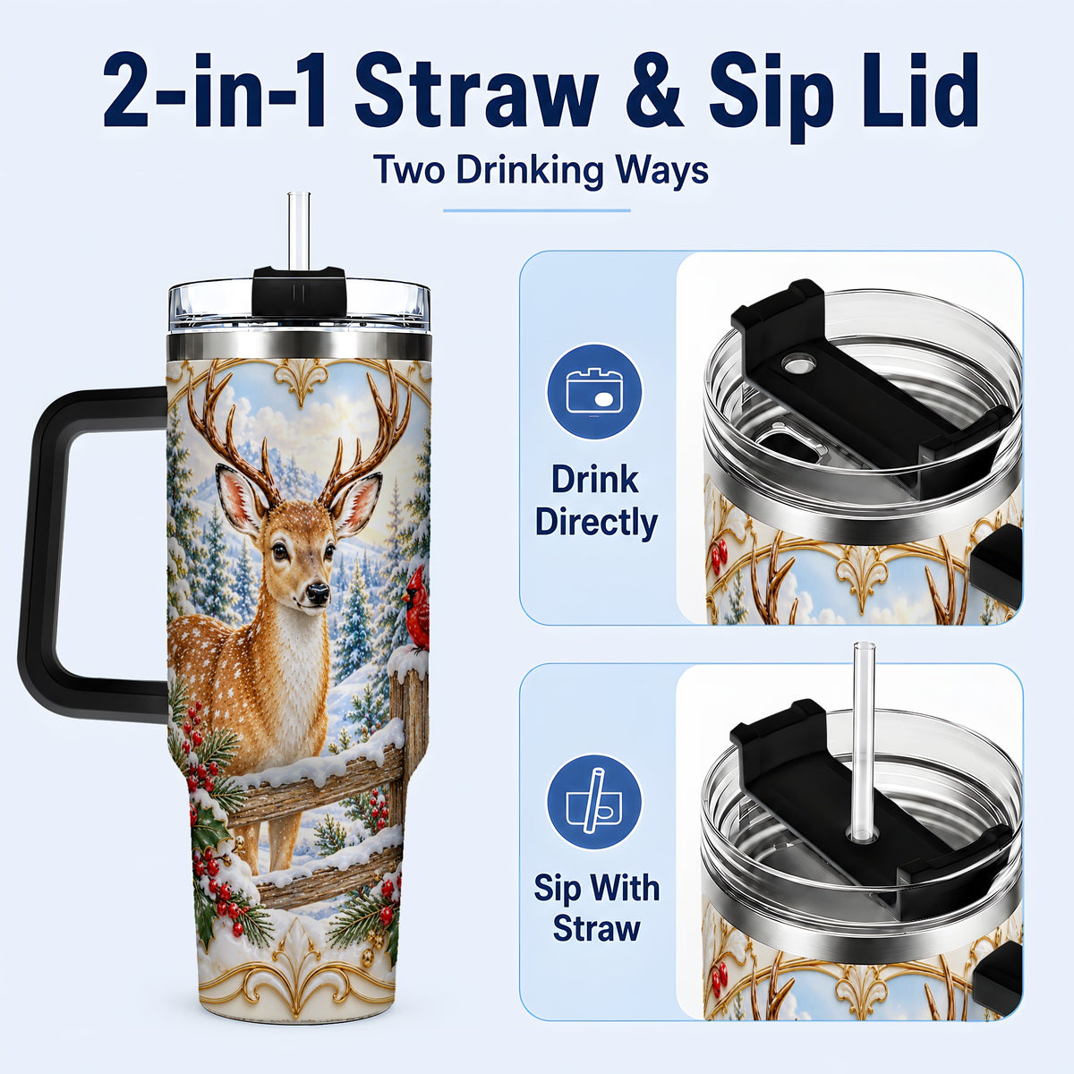 #pl[40oz|Black] Christmas Deer 40oz Tumbler with Handle, Ornate Gold Woodland Art