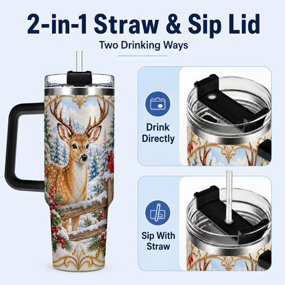 #pl[40oz|Black] Christmas Deer 40oz Tumbler with Handle, Ornate Gold Woodland Art