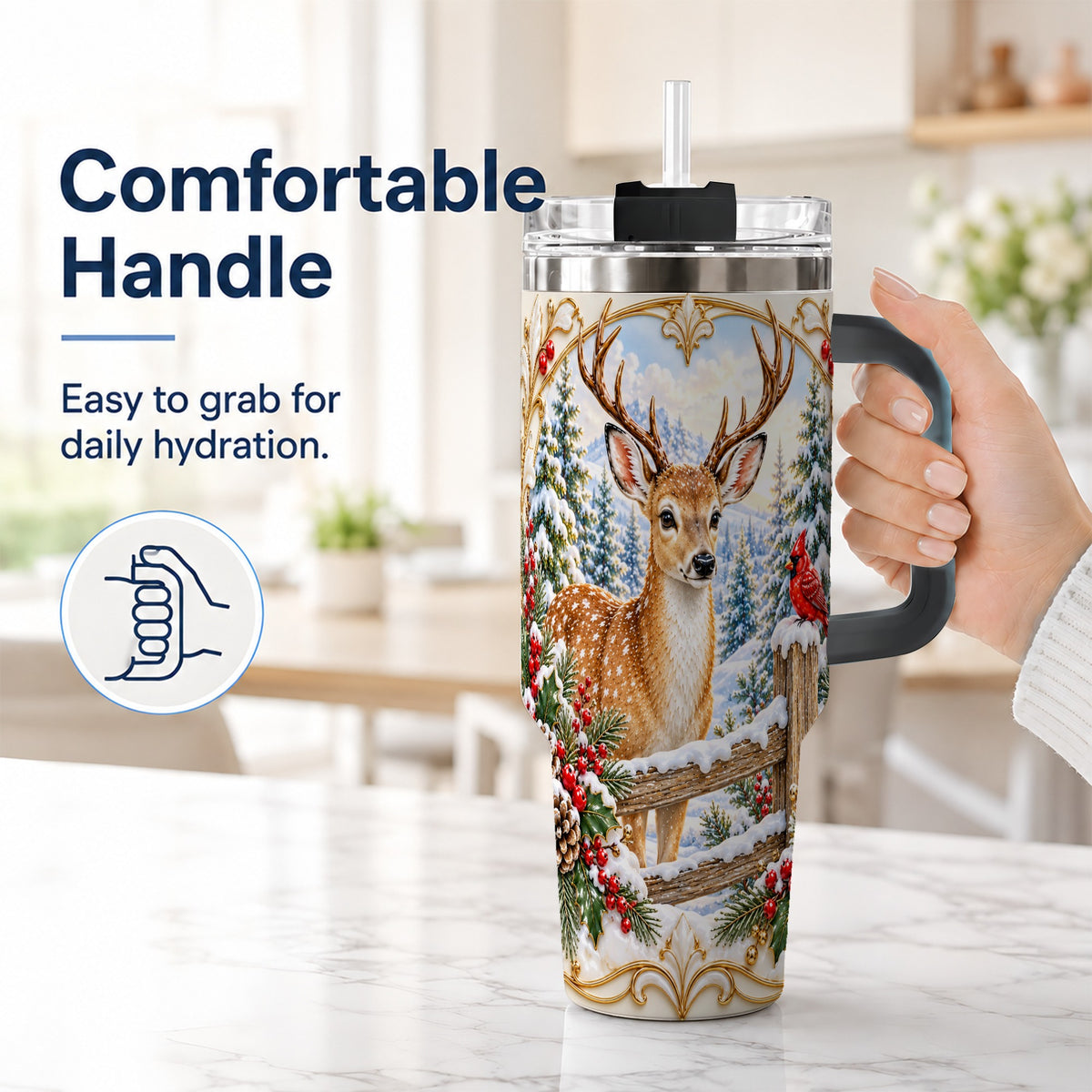 #pl[40oz|Black] Christmas Deer 40oz Tumbler with Handle, Ornate Gold Woodland Art