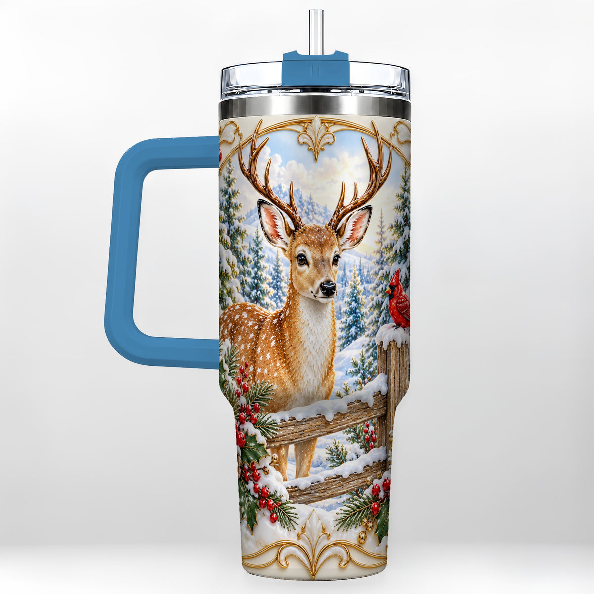 #pl[40oz|Blue] Christmas Deer 40oz Tumbler with Handle, Ornate Gold Woodland Art