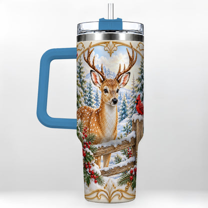 #pl[40oz|Blue] Christmas Deer 40oz Tumbler with Handle, Ornate Gold Woodland Art