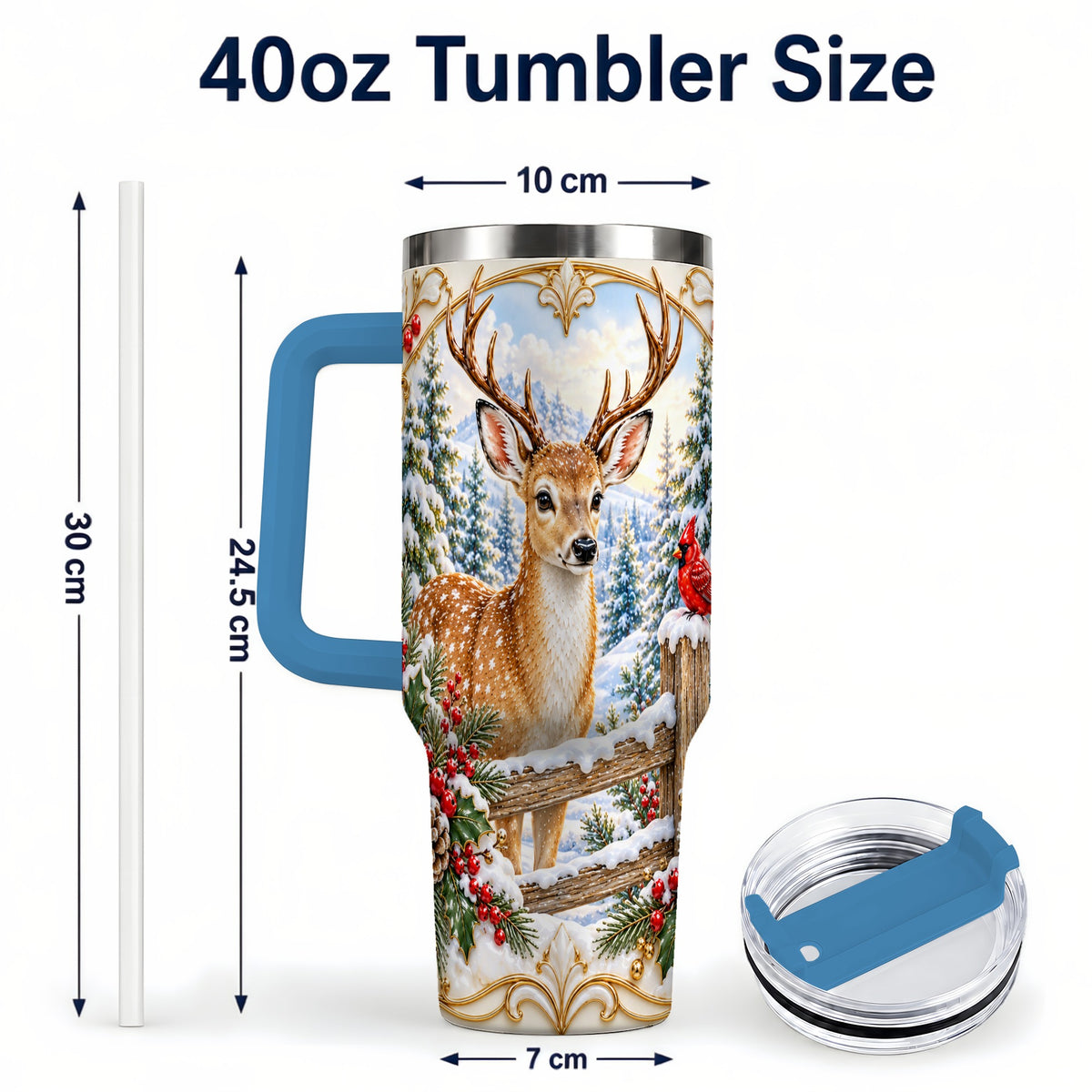 #pl[40oz|Blue] Christmas Deer 40oz Tumbler with Handle, Ornate Gold Woodland Art