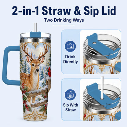 #pl[40oz|Blue] Christmas Deer 40oz Tumbler with Handle, Ornate Gold Woodland Art