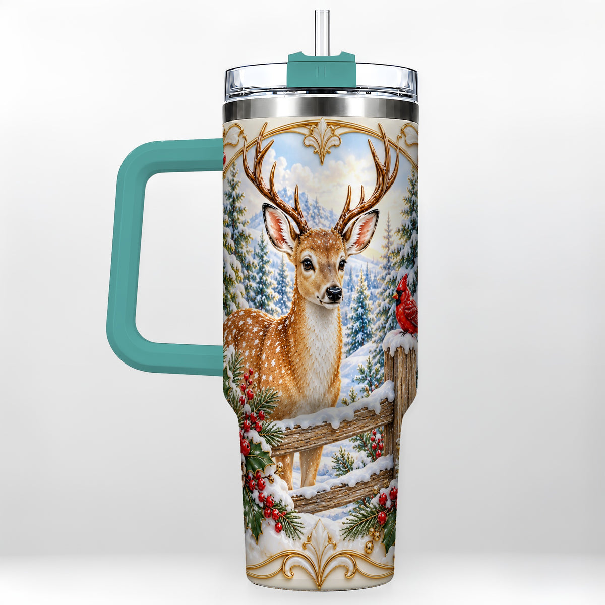 #pl[40oz|Green] Christmas Deer 40oz Tumbler with Handle, Ornate Gold Woodland Art