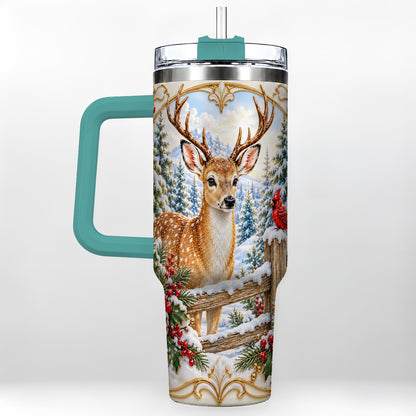 #pl[40oz|Green] Christmas Deer 40oz Tumbler with Handle, Ornate Gold Woodland Art