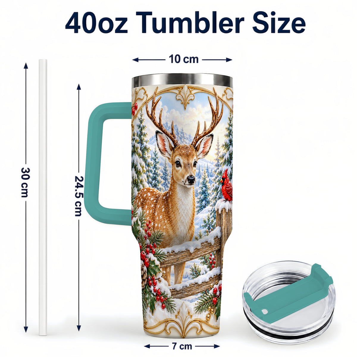 #pl[40oz|Green] Christmas Deer 40oz Tumbler with Handle, Ornate Gold Woodland Art