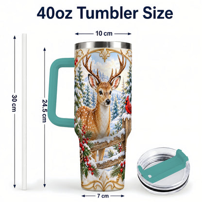 #pl[40oz|Green] Christmas Deer 40oz Tumbler with Handle, Ornate Gold Woodland Art