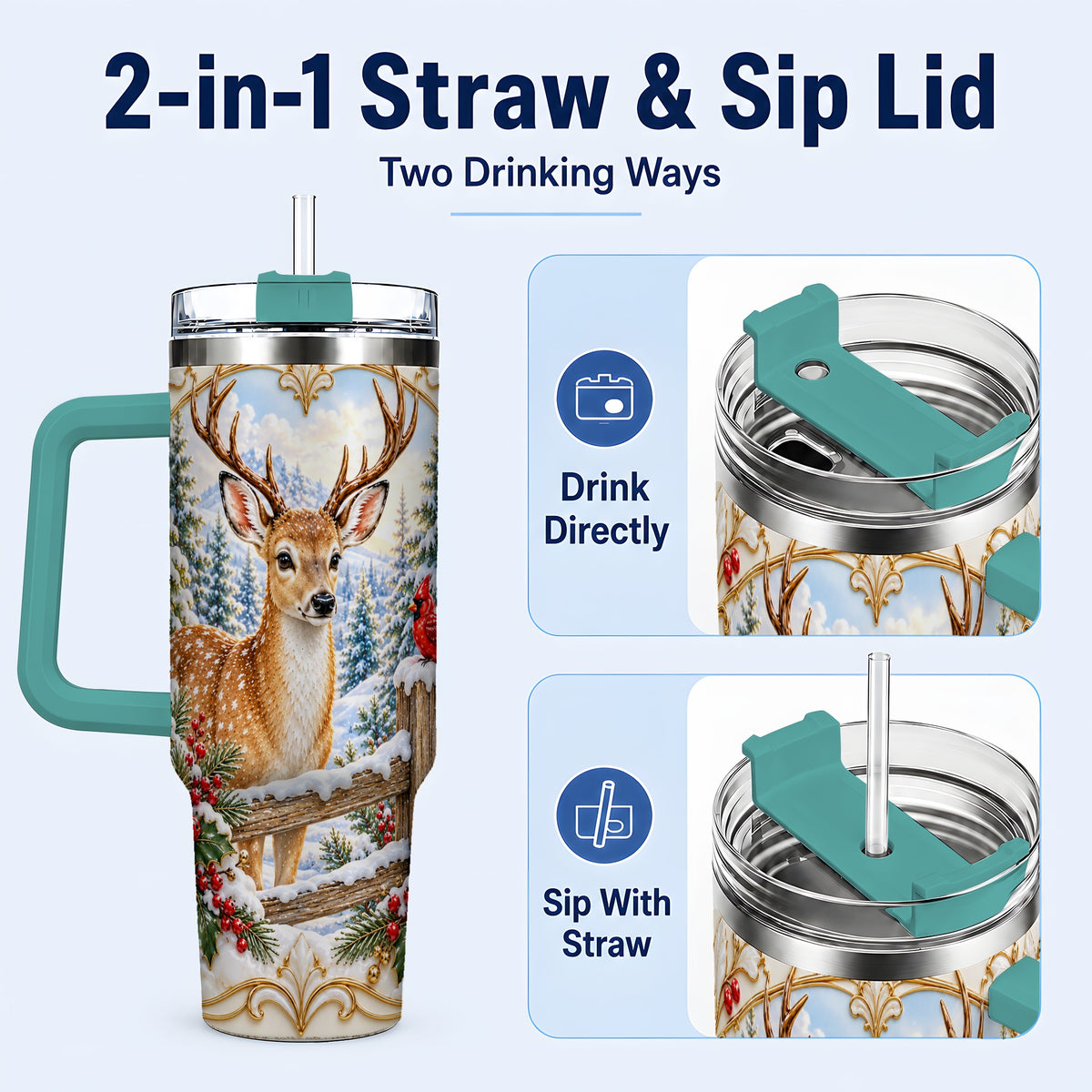 #pl[40oz|Green] Christmas Deer 40oz Tumbler with Handle, Ornate Gold Woodland Art