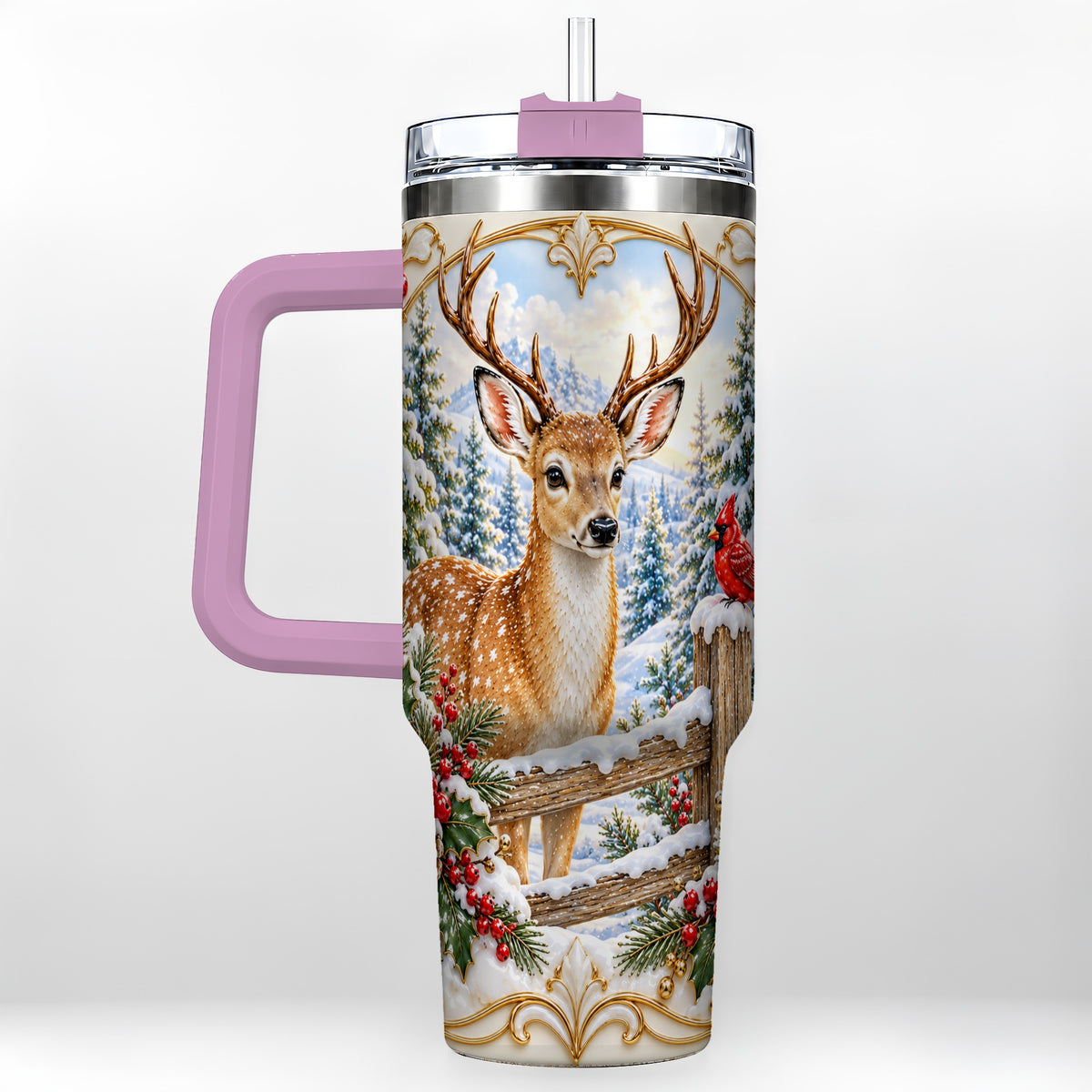 #pl[40oz|Pink] Christmas Deer 40oz Tumbler with Handle, Ornate Gold Woodland Art