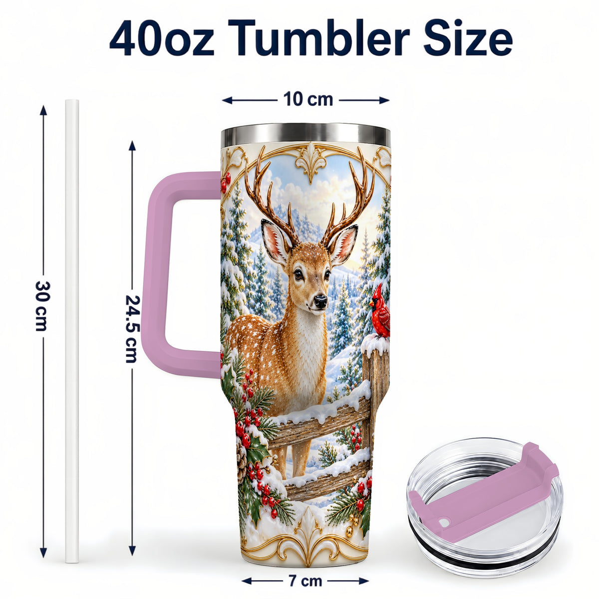 #pl[40oz|Pink] Christmas Deer 40oz Tumbler with Handle, Ornate Gold Woodland Art