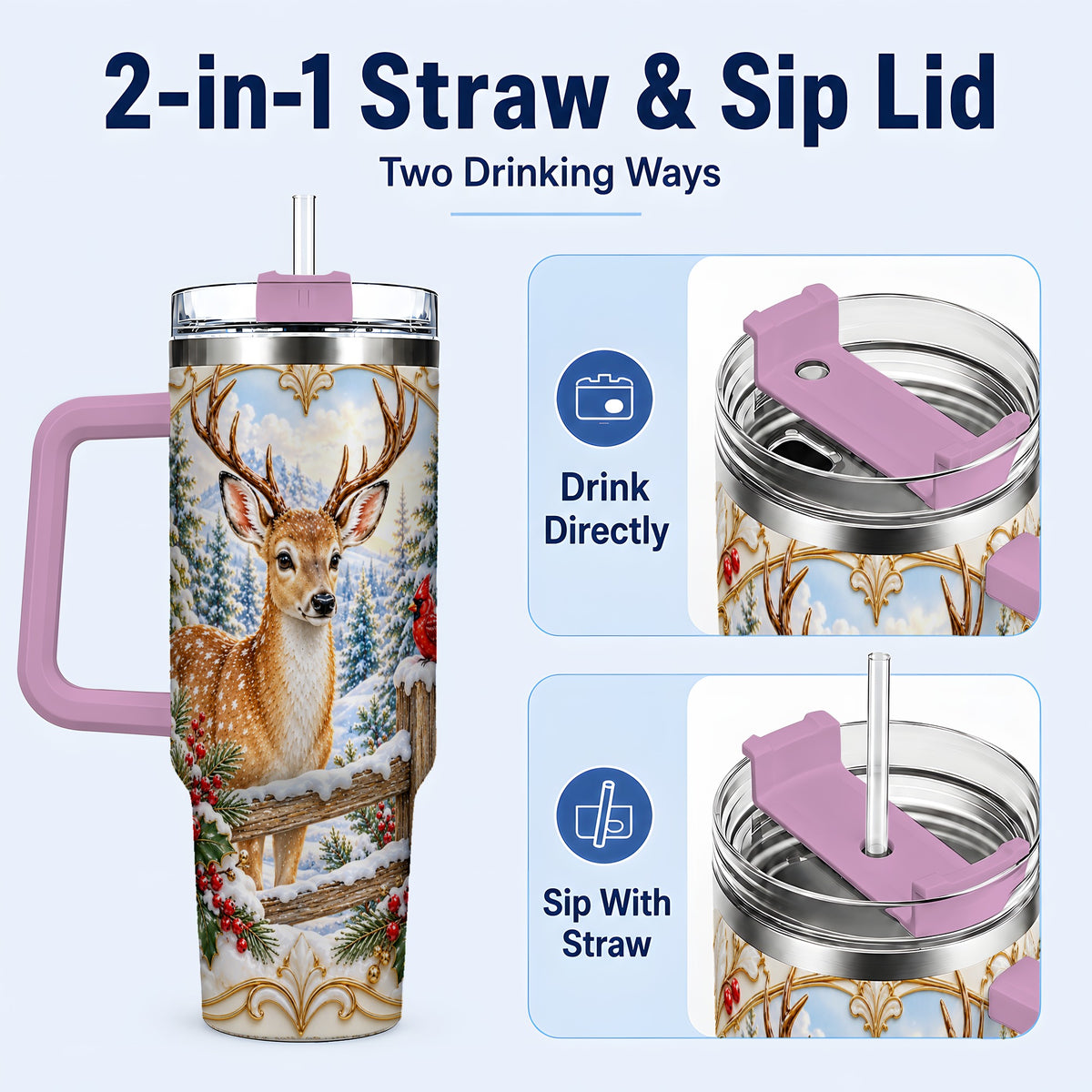 #pl[40oz|Pink] Christmas Deer 40oz Tumbler with Handle, Ornate Gold Woodland Art