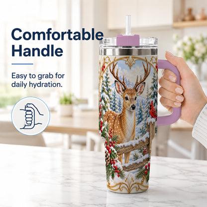 #pl[40oz|Pink] Christmas Deer 40oz Tumbler with Handle, Ornate Gold Woodland Art