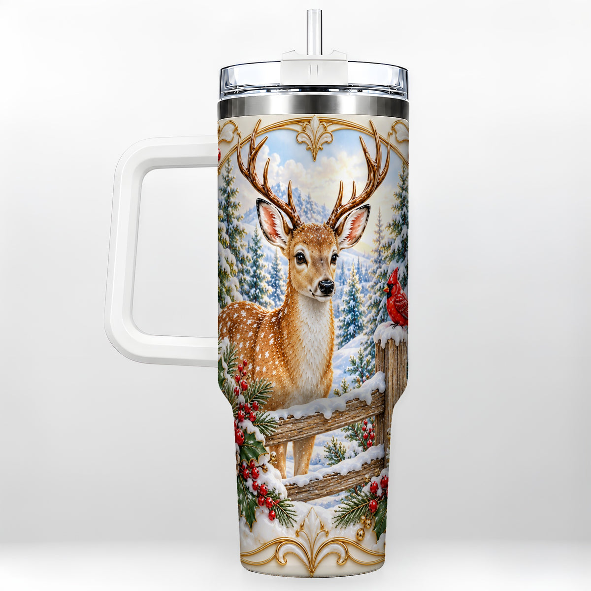 Christmas Deer 40oz Tumbler with Handle, Ornate Gold Woodland Art