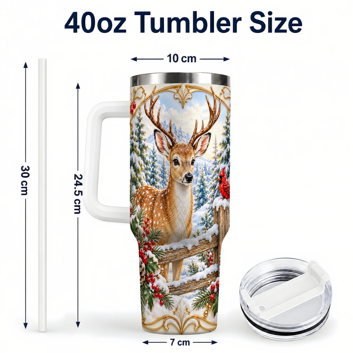 #pl[40oz|White] Christmas Deer 40oz Tumbler with Handle, Ornate Gold Woodland Art