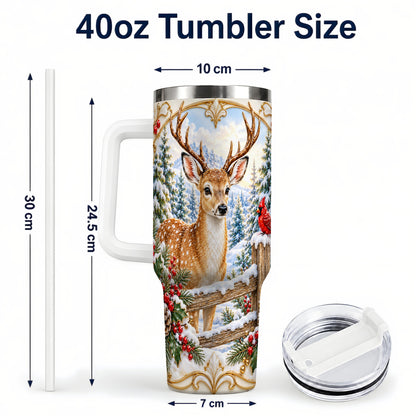 #pl[40oz|White] Christmas Deer 40oz Tumbler with Handle, Ornate Gold Woodland Art