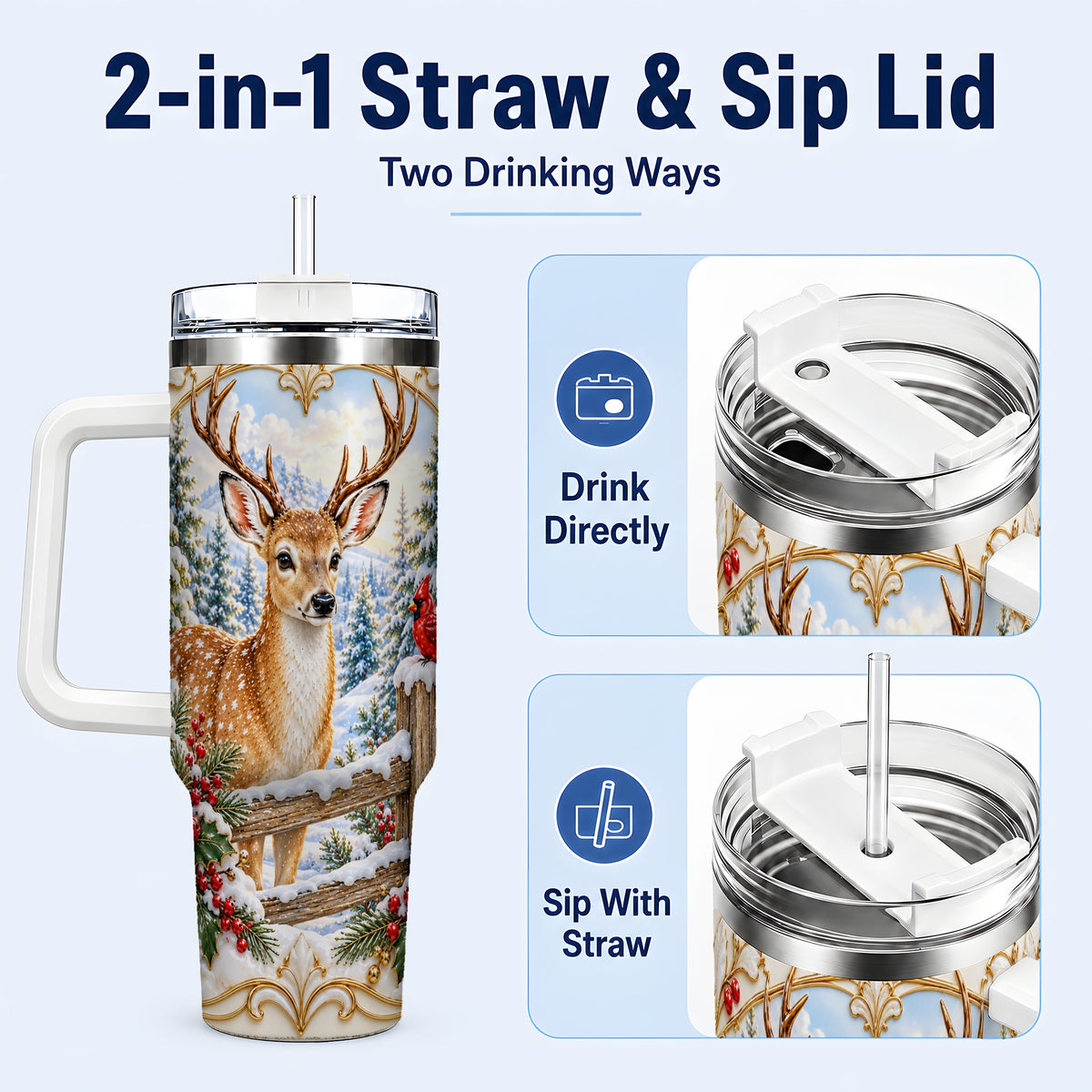 #pl[40oz|White] Christmas Deer 40oz Tumbler with Handle, Ornate Gold Woodland Art