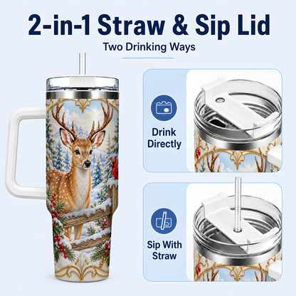 #pl[40oz|White] Christmas Deer 40oz Tumbler with Handle, Ornate Gold Woodland Art