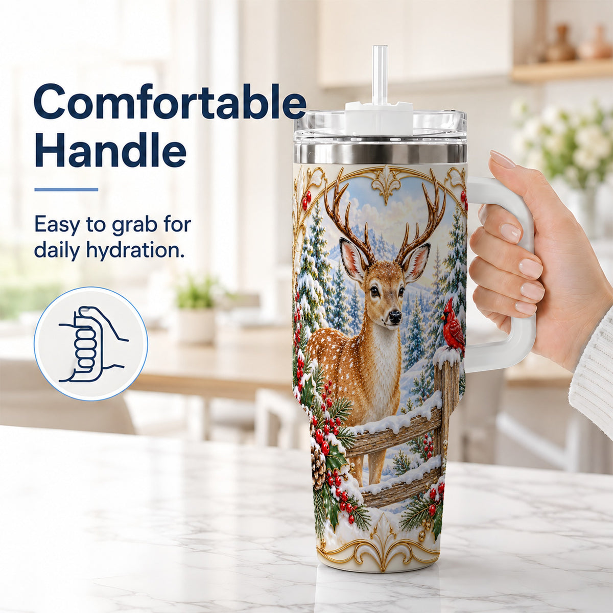 #pl[40oz|White] Christmas Deer 40oz Tumbler with Handle, Ornate Gold Woodland Art