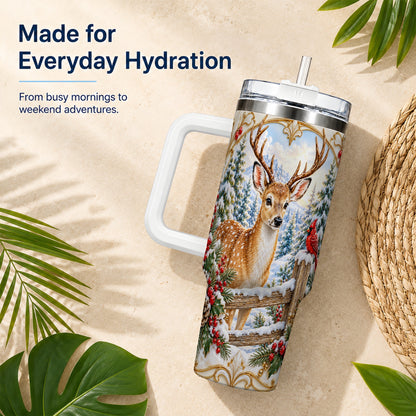 Christmas Deer 40oz Tumbler with Handle, Ornate Gold Woodland Art