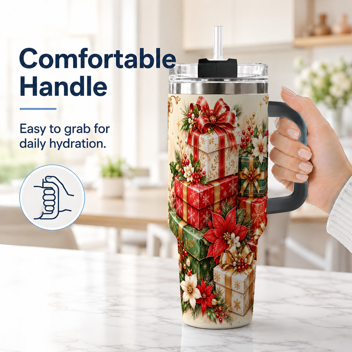 #pl[40oz|Black] Christmas Presents 40oz Tumbler with Handle, Festive Holiday Drinkware