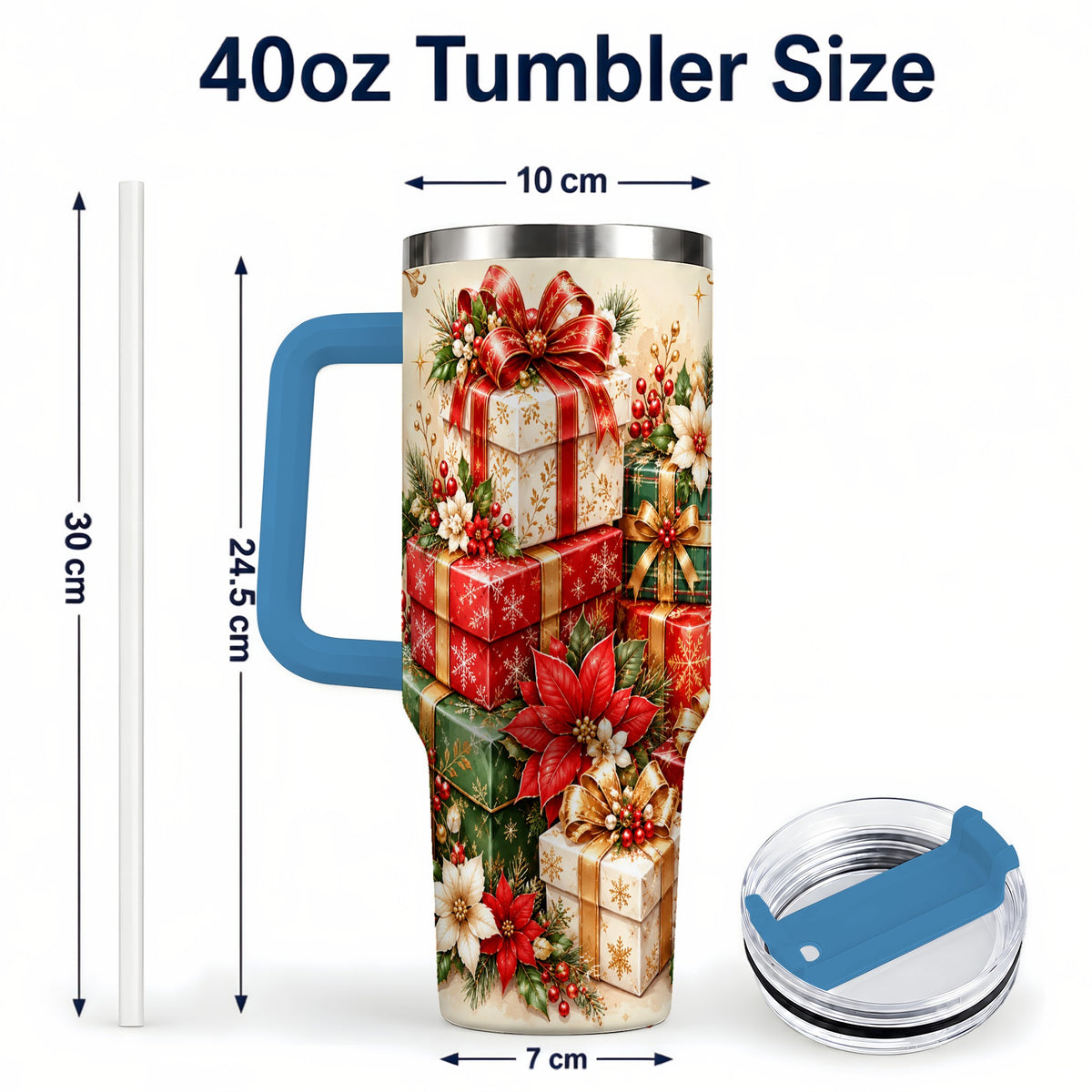 #pl[40oz|Blue] Christmas Presents 40oz Tumbler with Handle, Festive Holiday Drinkware