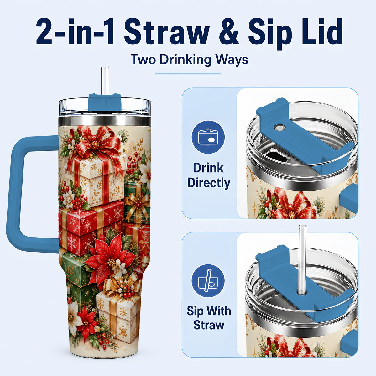 #pl[40oz|Blue] Christmas Presents 40oz Tumbler with Handle, Festive Holiday Drinkware