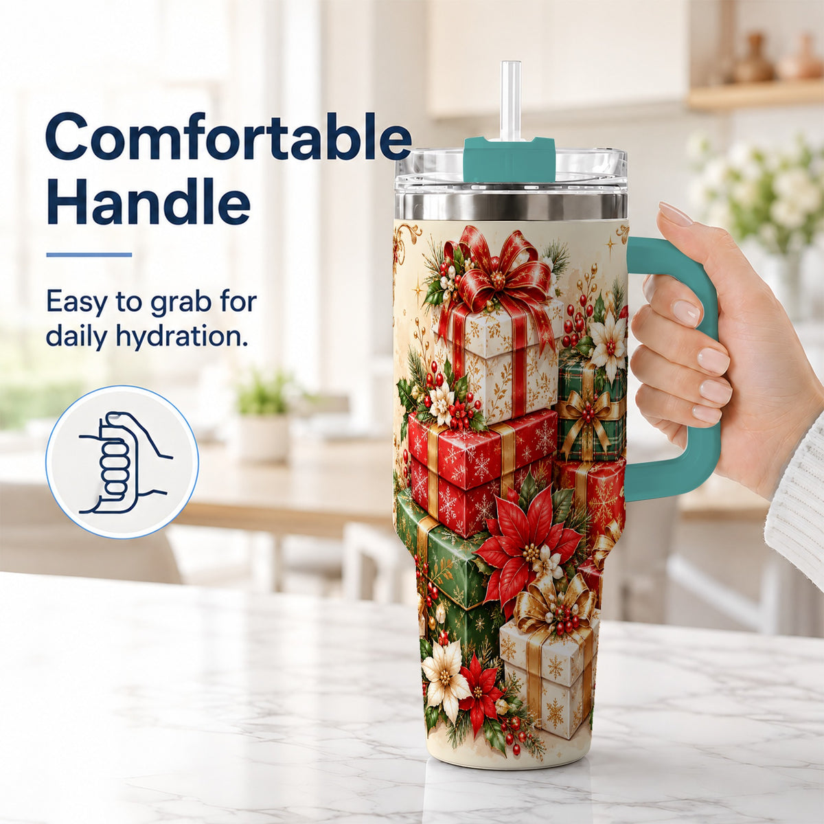 #pl[40oz|Green] Christmas Presents 40oz Tumbler with Handle, Festive Holiday Drinkware