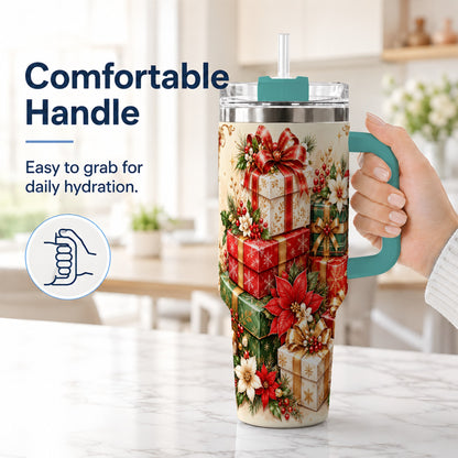 #pl[40oz|Green] Christmas Presents 40oz Tumbler with Handle, Festive Holiday Drinkware
