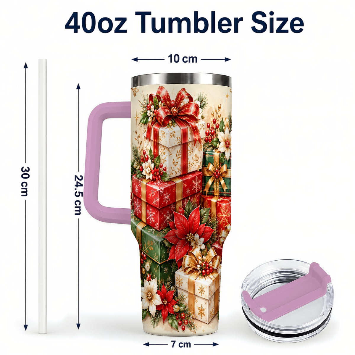 #pl[40oz|Pink] Christmas Presents 40oz Tumbler with Handle, Festive Holiday Drinkware