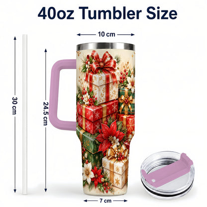 #pl[40oz|Pink] Christmas Presents 40oz Tumbler with Handle, Festive Holiday Drinkware