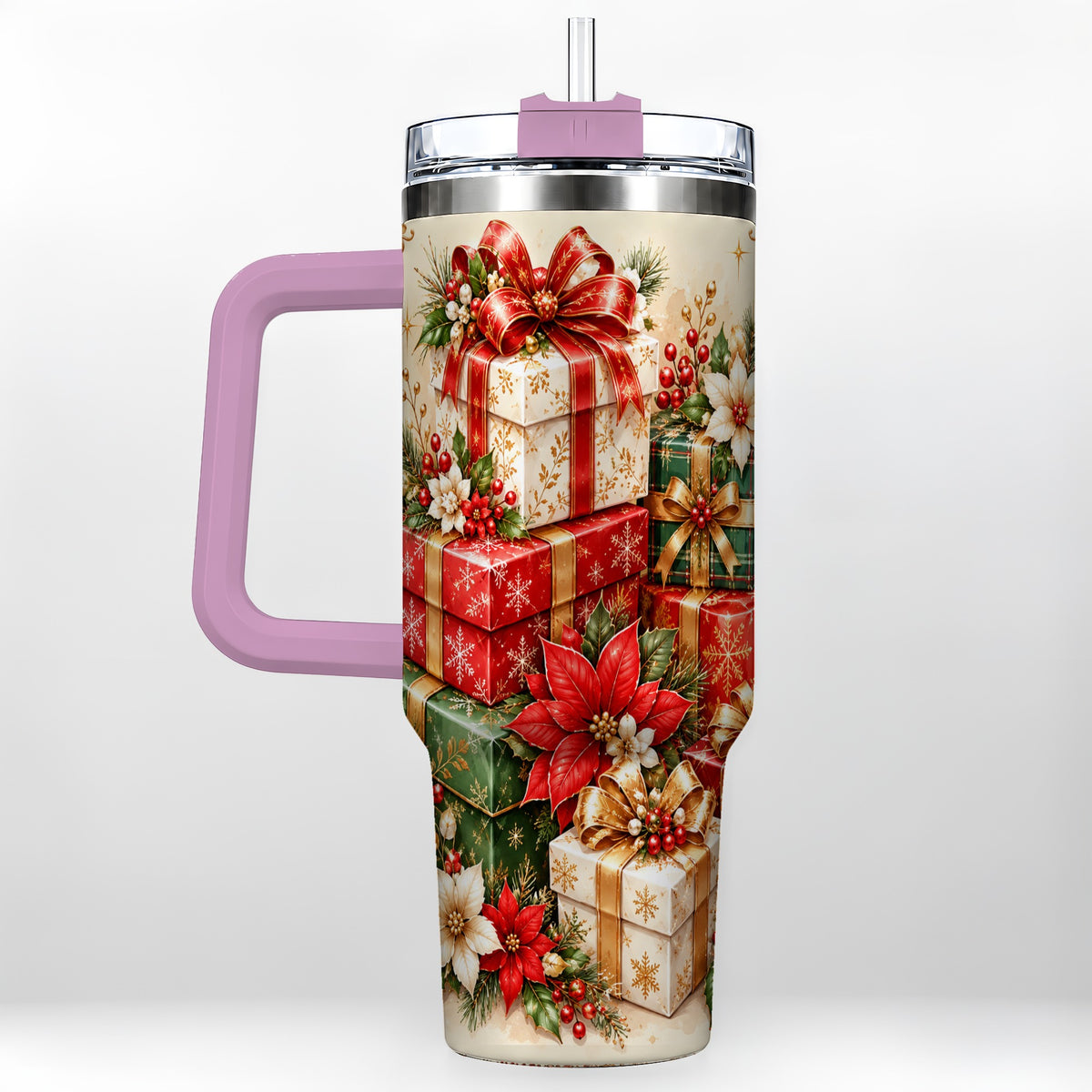 #pl[40oz|Pink] Christmas Presents 40oz Tumbler with Handle, Festive Holiday Drinkware