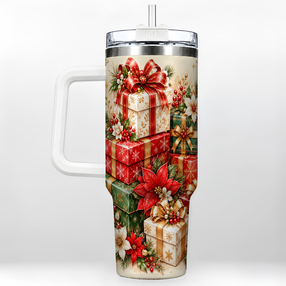 Christmas Presents 40oz Tumbler with Handle, Festive Holiday Drinkware