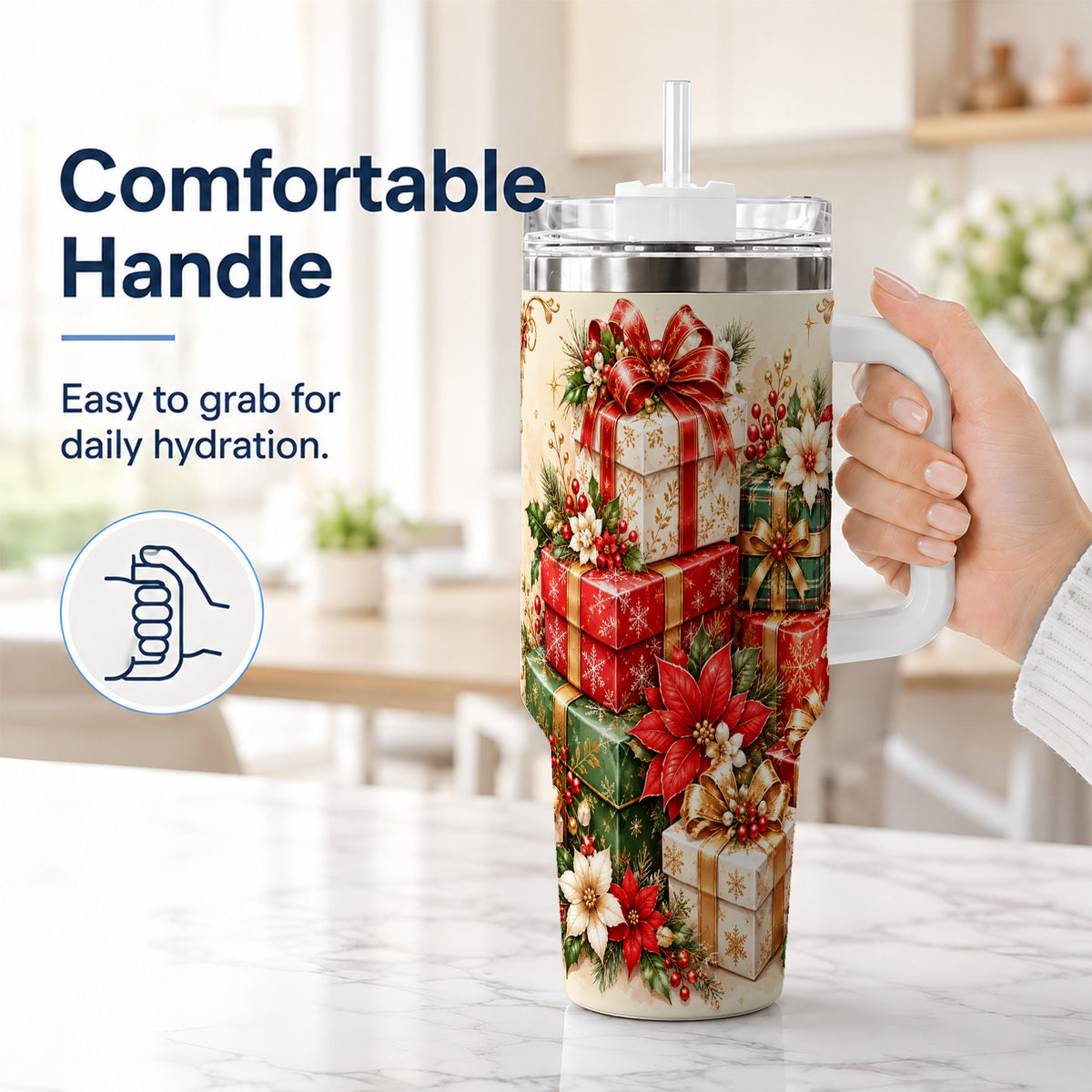 #pl[40oz|White] Christmas Presents 40oz Tumbler with Handle, Festive Holiday Drinkware