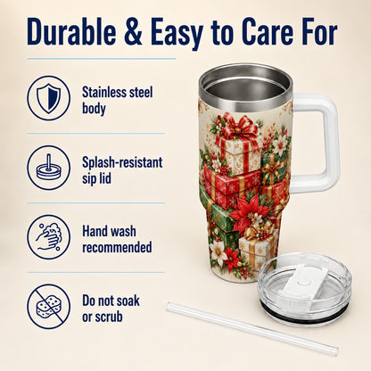 Christmas Presents 40oz Tumbler with Handle, Festive Holiday Drinkware
