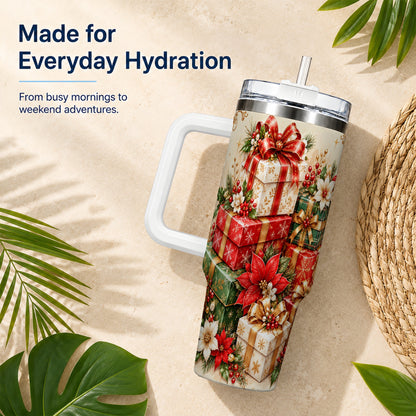 Christmas Presents 40oz Tumbler with Handle, Festive Holiday Drinkware