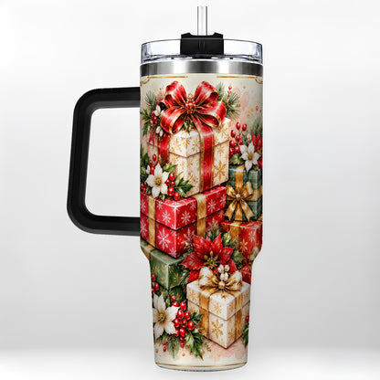 #pl[40oz|Black] Christmas Packages 40oz Tumbler with Handle, Red Ribbon Holiday Decor