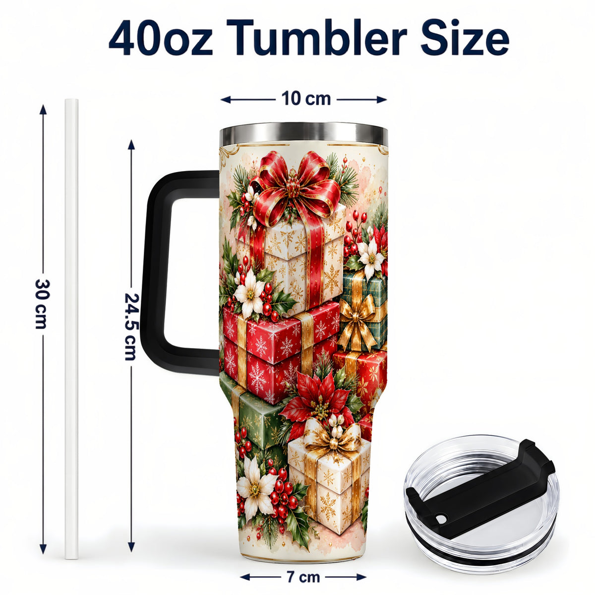 #pl[40oz|Black] Christmas Packages 40oz Tumbler with Handle, Red Ribbon Holiday Decor