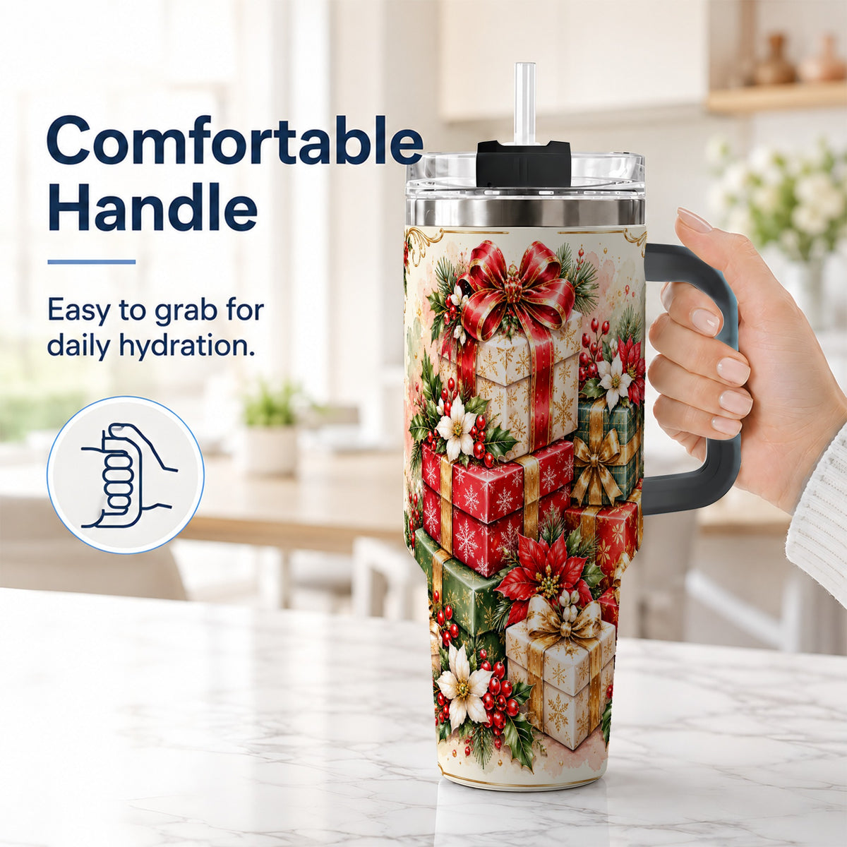 #pl[40oz|Black] Christmas Packages 40oz Tumbler with Handle, Red Ribbon Holiday Decor