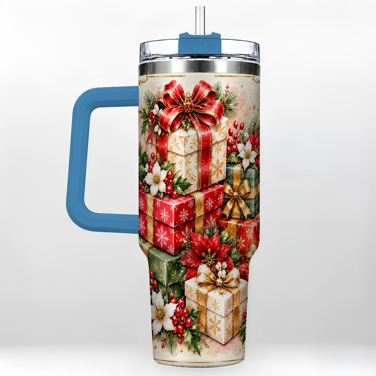 #pl[40oz|Blue] Christmas Packages 40oz Tumbler with Handle, Red Ribbon Holiday Decor