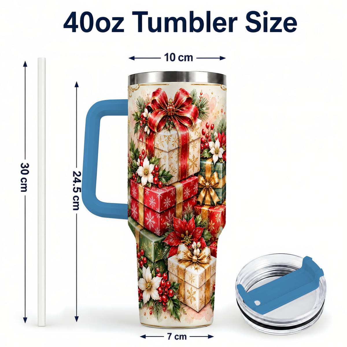 #pl[40oz|Blue] Christmas Packages 40oz Tumbler with Handle, Red Ribbon Holiday Decor