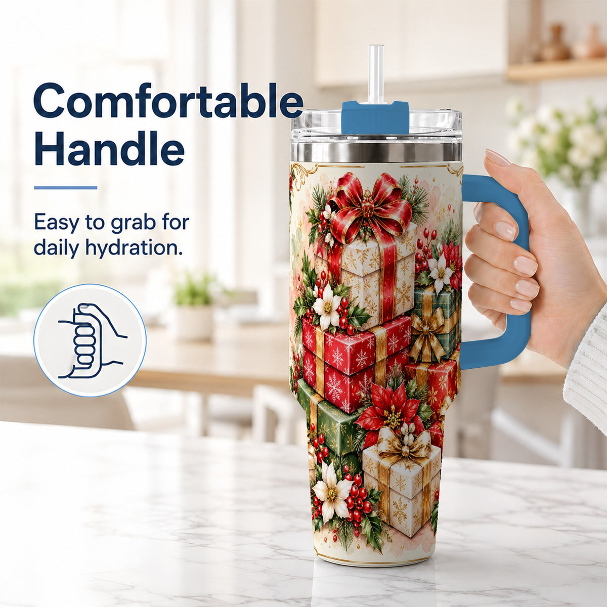 #pl[40oz|Blue] Christmas Packages 40oz Tumbler with Handle, Red Ribbon Holiday Decor