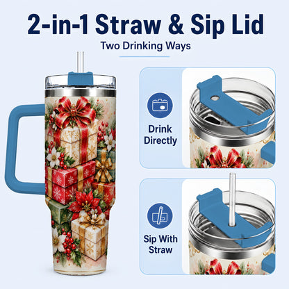 #pl[40oz|Blue] Christmas Packages 40oz Tumbler with Handle, Red Ribbon Holiday Decor