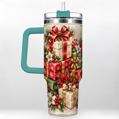#pl[40oz|Green] Christmas Packages 40oz Tumbler with Handle, Red Ribbon Holiday Decor