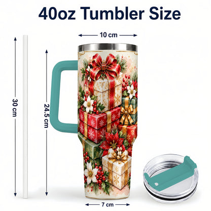 #pl[40oz|Green] Christmas Packages 40oz Tumbler with Handle, Red Ribbon Holiday Decor
