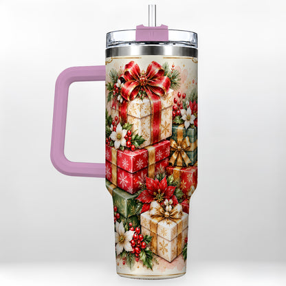 #pl[40oz|Pink] Christmas Packages 40oz Tumbler with Handle, Red Ribbon Holiday Decor