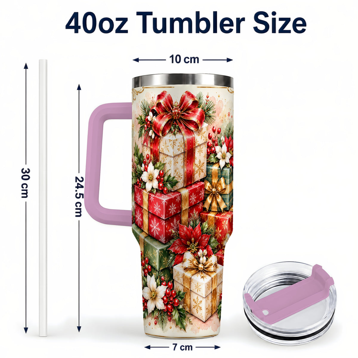 #pl[40oz|Pink] Christmas Packages 40oz Tumbler with Handle, Red Ribbon Holiday Decor
