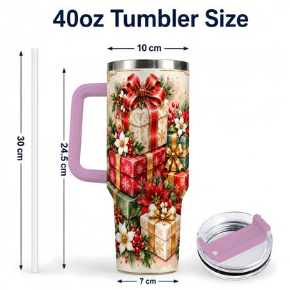 #pl[40oz|Pink] Christmas Packages 40oz Tumbler with Handle, Red Ribbon Holiday Decor