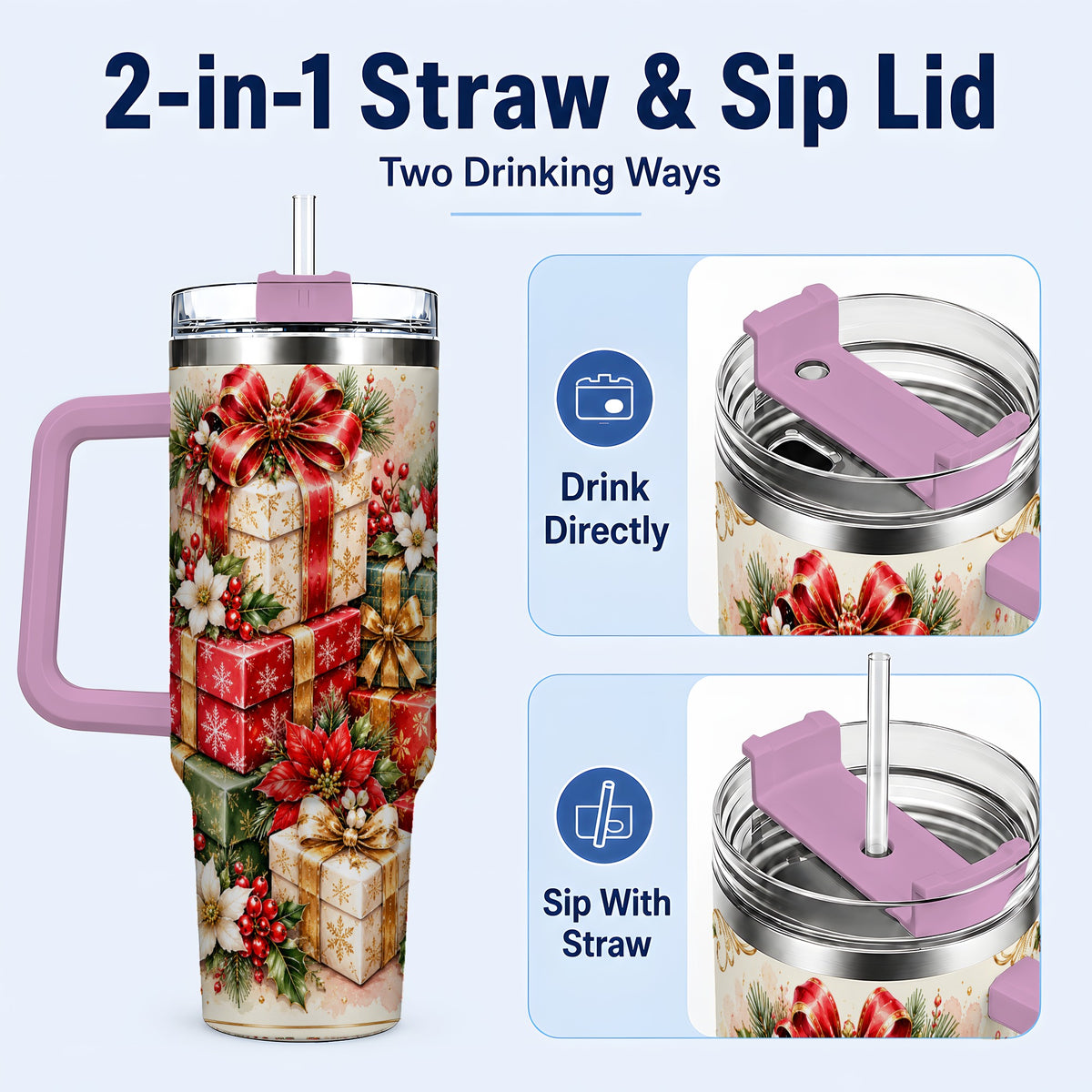 #pl[40oz|Pink] Christmas Packages 40oz Tumbler with Handle, Red Ribbon Holiday Decor